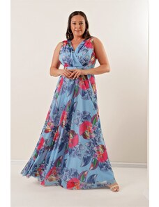 By Saygı față spate V-gât model floral căptușit plus dimensiune lungă tulle rochie baby blue