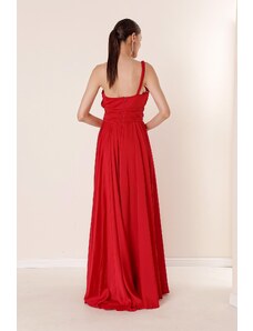 By Saygı Tricotat o singură curea talie plisată căptușită rochie lungă cu un șliț roșu