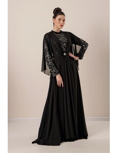 By Saygı Paiete aurite talie cu detaliu din vefeather de piatră căptușită cu sifon hijab rochie neagră.