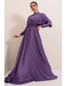 By Saygı față spate mâneci adunate nasture detaliu căptușit rochie lungă din satin