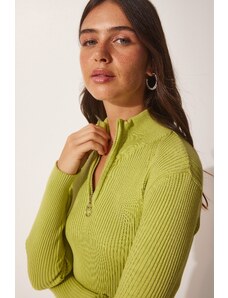 Happiness İstanbul Fericire İstanbul femei ulei verde fermoar turtleneck tricotaje pulover