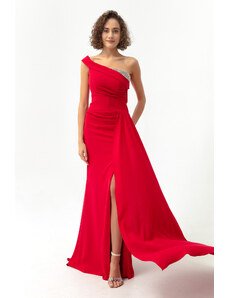 Lafaba Women's Red One-Shoulder Long Evening Dress with Stones.