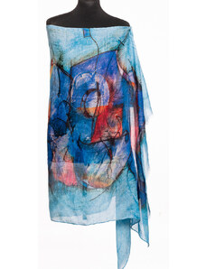 Shopika Esarfa din bumbac cu pictura abstracta in culori intense pe fond in nuante de albastru