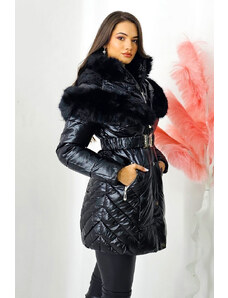 FashionForYou Geaca de iarna, Fareya, cu inchidere dubla si blanita ecologica, Negru (Marime: S)