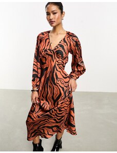 Violet Romance satin v neck midaxi dress in rust abstract animal print-Red