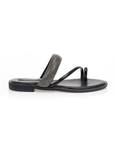 Tsoukalas Sandale negre lustrin cu design cu inel și căpută cu strasuri