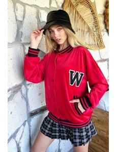 Trend Alaçatı Stili femei roșii W brodate cu nervuri corduroy bomber jachetă