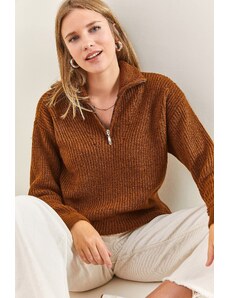 Bianco Lucci femei cu fermoar turtleneck pulover tricotaje supradimensionate