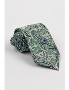GAMA Cravata matase naturala argintie cu imprimeu verde si bleumarin