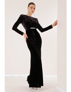 By Saygı Long Velvet Dress with Front Pleated Belt