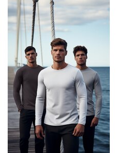 Trendyol Antracit-Grey-White Men's Regular/Regular Fit Crew Neck Long Sleeve 3-Pack Basic T-Shirt