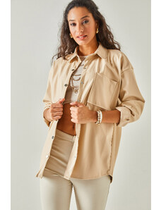 Jachetă din piele artificială Olalook Bej pentru femei cu un singur buzunar Shearling