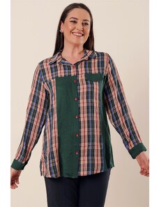 By Saygı Checked Patterned Shirt Green With Garnish Plus Size Plus Size