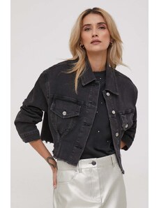Sisley geaca jeans femei, culoarea negru, de tranzitie, oversize