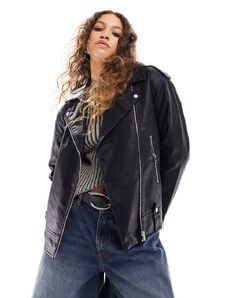 JJXX oversized faux leather biker jacket black