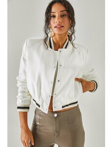 Jachetă bomber albă pentru femei Olalook cu cleme, căptușită cu buzunar, căptușită