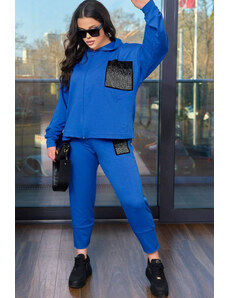 Pantaloni Chic Trening Dama Din Bumbac Marime Mare Albastru