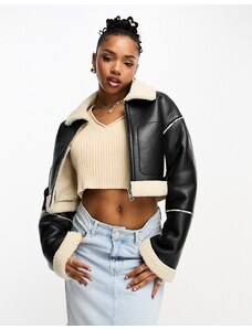 Pull&Bear faux leather cropped shearling detail jacket in black