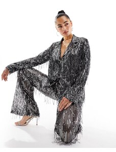 Pull&Bear sequin fringed blazer co-ord in silver