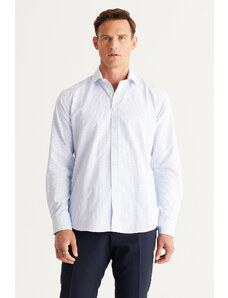 ALTINYILDIZ CLASSICS Men's White-Blue Comfort Fit Loose-fitting Classic Collar Checkered Cotton Shirt.