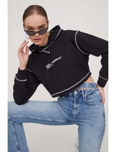 Karl Lagerfeld Jeans bluza femei, culoarea negru, cu glugă, cu imprimeu