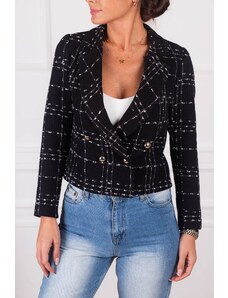 armonika Women's Black Double Breasted Collar Tweed Crop Jacket