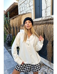 Trend Alaçatı Stili Women's Ecru Hooded Snap Closure 3 Thread Oversize Sweatshirt