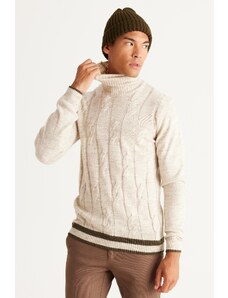 AC&Co / Altınyıldız Classics Men's Light Beige Standard Fit Regular Cut Full Turtleneck Jacquard Knitwear Sweater.