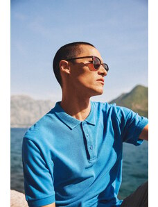 ALTINYILDIZ CLASSICS Men's Turquoise 100% bumbac roll-up guler Slim Fit Slim Fit Polo gât cu mânecă scurtă.