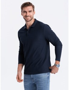 Ombre Clothing Men's longsleeve with polo collar - navy blue V3 OM-POBL-0114