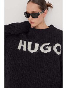 HUGO pulover de lana femei, culoarea negru, călduros