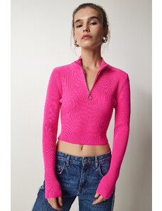 Happiness İstanbul Fericire İstanbul femei roz fermoar cu nervuri crop tricotaje pulover