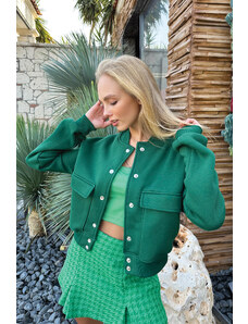 Trend Alaçatı Stili femei verde snap închidere buzunar dublu interior ridicarea sacou crop