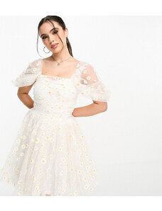 Lace & Beads Petite exclusive ruched tulle mini dress in white daisy-Pink
