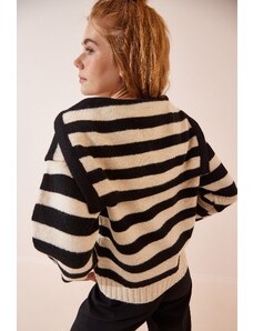 Happiness İstanbul Women's Black Cream Polo Collar Striped Knitwear Sweater
