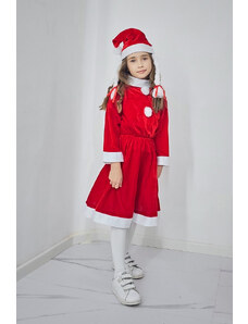 FashionForYou Set Craciunita pentru copii, din catifea, Missy Claus, cu caciula si codite (Marime: 3-5 ani)