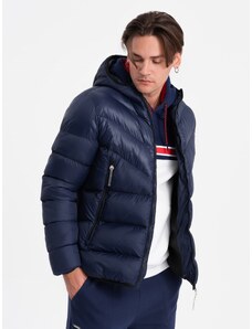 Ombre Clothing Men's winter quilted jacket of combined materials - navy blue V2 OM-JAHP-0145
