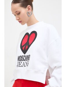 Moschino Jeans hanorac de bumbac femei, culoarea alb, cu imprimeu