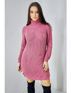 FashionForYou Pulover lung tricotat Desire, cu laterale decupate, Roz, Marime S/M/L