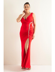 Lafaba Women's Red Stone Strap Plus Size Long Evening Dress