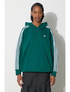 adidas Originals bluză 3-Stripes Hoodie OS femei, culoarea verde, cu glugă, cu imprimeu, IN8400