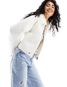 Pull&Bear faux leather shearling detail jacket with shiny finish in white