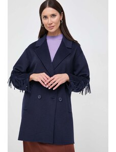 Twinset palton de lana culoarea albastru marin, de tranzitie, cu doua randuri de nasturi