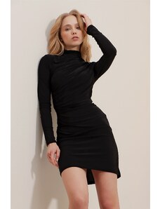 Trend Alaçatı Stili femei negru stand-up guler drapat rochie de nisip