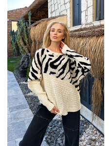 Trend Alaçatı Stili Women's Vanilla Boat Neck Pattern Blocked Winter Sweater