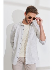 ALTINYILDIZ CLASSICS Men's Khaki Slim Fit Slim Fit, Classic Collar 100% Cotton Striped Shirt.
