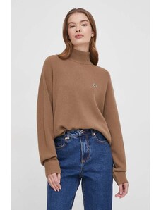 Lacoste pulover de lana femei, culoarea maro, cu turtleneck