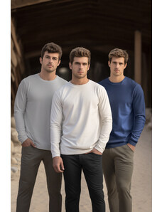 Trendyol Indigo-Stone-Ecru Men's Regular/Normal Cut Long Sleeve 3-Pack Basic 100% Cotton T-Shirt