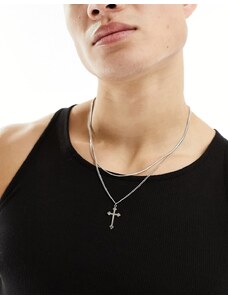 Lost Souls stainless steel layered cross necklace in platinum-Silver