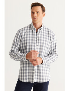 ALTINYILDIZ CLASSICS Men's Ecru-Navy Blue Comfort Fit Comfy Cut Buttoned Collar Flannel Lumberjack Shirt.